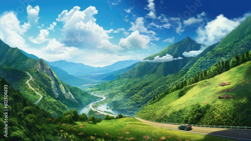 swiss mountains landscape view clouds road by AI