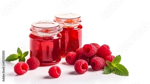 A jar of raspberry jam and fresh raspberry on a white isolated background. Generative AI.