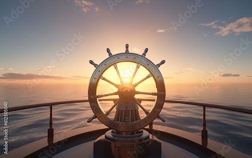 Helm of a vintage sailing ship with view of a horizon at sunset. Generative Ai illustration