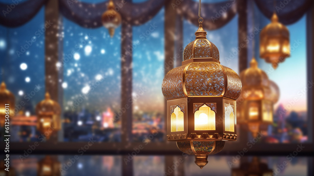 Obraz premium Photo Islamic Mosque in the evening with sunlight background