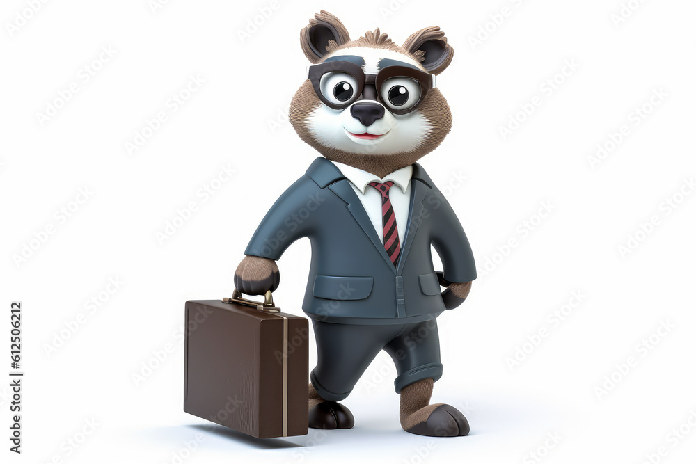 Charming raccoon mascot as an attorney, wearing a stylish suit and holding a briefcase, evoking professionalism and trust on a clean white background. Generative AI Charming raccoon mascot as an attorney, wearing a stylish suit and holding a briefcase, evoking professionalism and trust on a clean white background. Generative AI