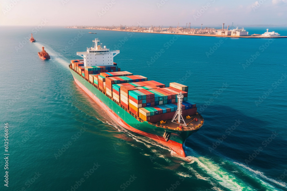 Shipping industry, freight container vessel, drone's aerial viewpoint. Generative Ai.