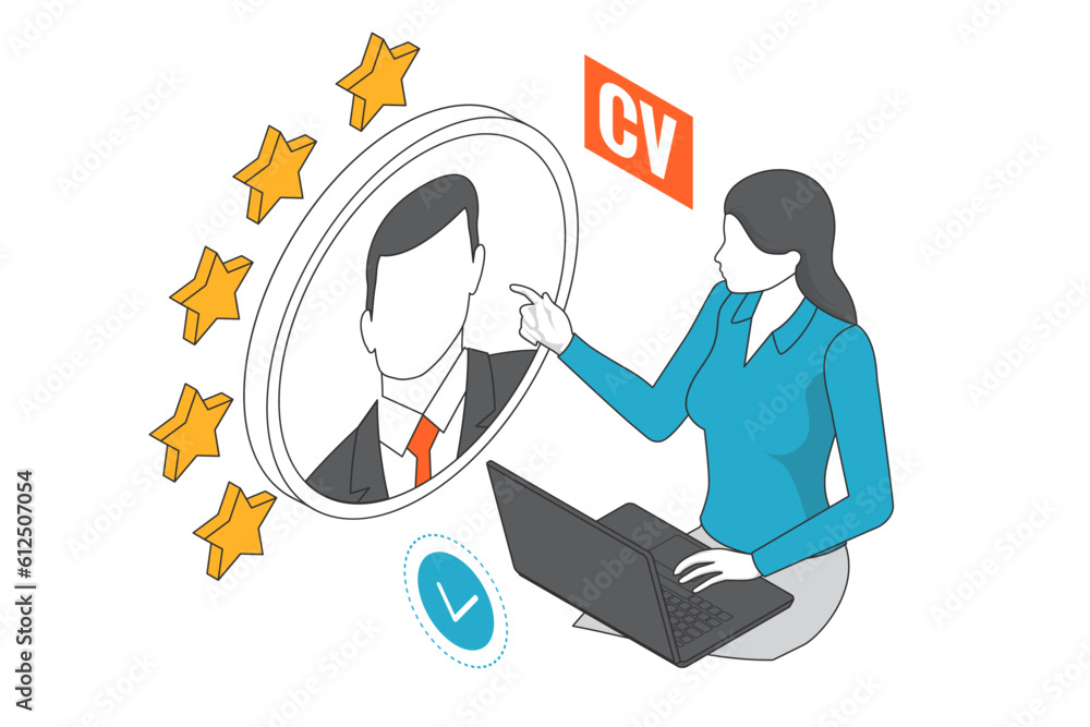 Isometric CV, hiring and recruitment. Online job search, human resource concept.