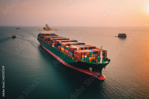 Shipping industry, freight container vessel, drone's aerial viewpoint. Generative Ai.