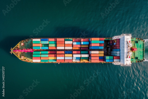 Drone's aerial perspective, cargo freight ship with containers, global logistic and shipping Generative Ai.