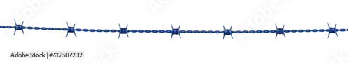 Blue Metal steel barbed wire with thorns or spikes realistic, 3D render.