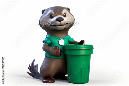 Charming otter mascot, environmentally conscious in a green t-shirt & holding a recycling bin against a white background. Evoke emotion & promote eco-awareness! Generative AI