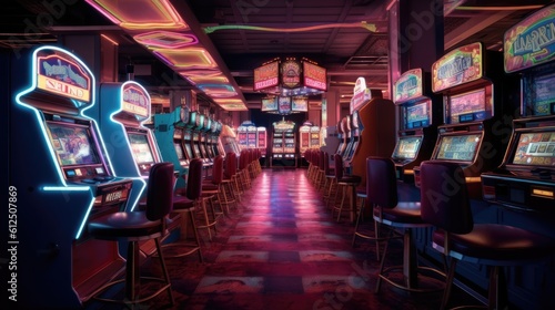 Interior of a hotel casino. Gambling slot machines, poker, and blackjack. Craps and betting on the Las Vegas strip, generative ai