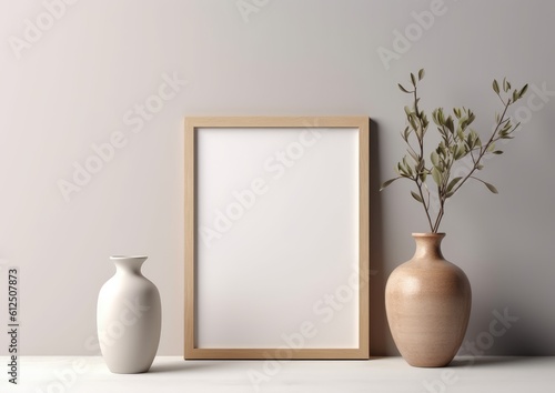 Empty horizontal frame mockup in modern minimalist interior with plant in trendy vase on white wall background. Template for artwork, painting, photo or poster, generative ai