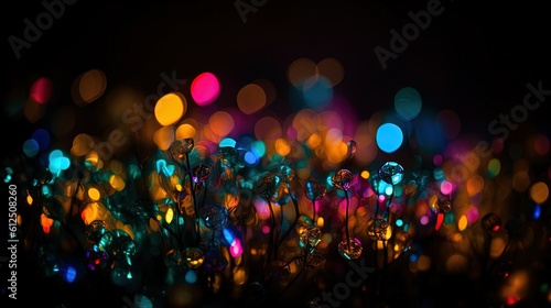 Colorful bokeh of lights on black background created with Generative AI technology.