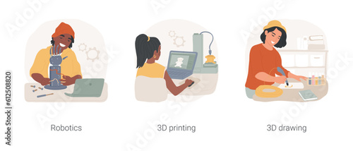 Technology hobby isolated cartoon vector illustration set. Robotics class, teenage boy experimenting with robotic hand, girl using 3d printer, drawing with 3d pen, home tech lab vector cartoon.