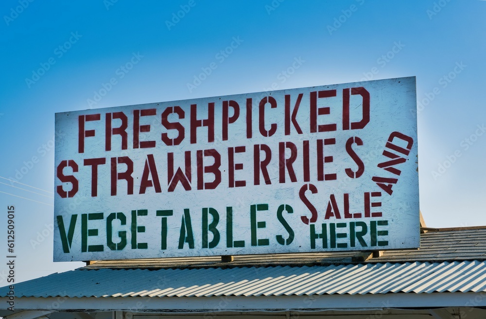 Board with text: Fresh picked strawberries and vegetables sale here. Central Valley, California.