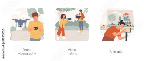 Digital hobby isolated cartoon vector illustration set. Drone videography, using remote controller, video making, filming with professional camera, create animation with smartphone vector cartoon.
