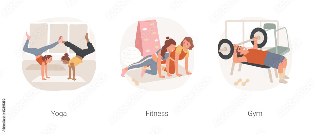 Fototapeta premium Teen fitness isolated cartoon vector illustration set. Teenager staying fit, young girls doing yoga at studio, teenage fitness training, guy lifting weight in gym, bodybuilding vector cartoon.