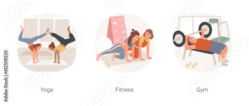 Teen fitness isolated cartoon vector illustration set. Teenager staying fit, young girls doing yoga at studio, teenage fitness training, guy lifting weight in gym, bodybuilding vector cartoon.