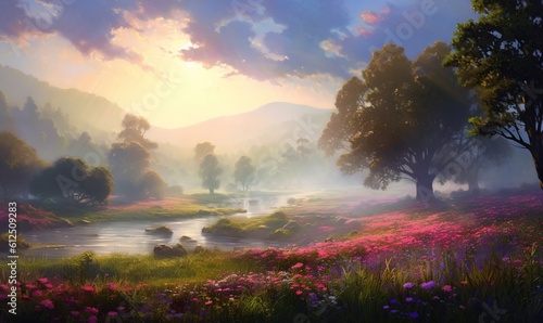  a painting of a beautiful landscape with flowers and trees in the foreground and a river running through the middle of the picture, with a sun shining through the clouds. generative ai