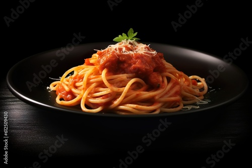Delicious spaghetti served on a black plate | Generative AI 
