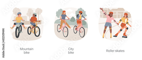 Urban riding isolated cartoon vector illustration set. Teenage boys riding mountain bicycles in park, girls on cycling city bikes, teen roller skating, spending leisure time outdoor vector cartoon.