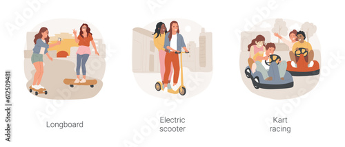 Riding together isolated cartoon vector illustration set. Teenage girls riding longboard together, friends on electric scooters, kart racing, teen leisure time, hanging out in city vector cartoon.