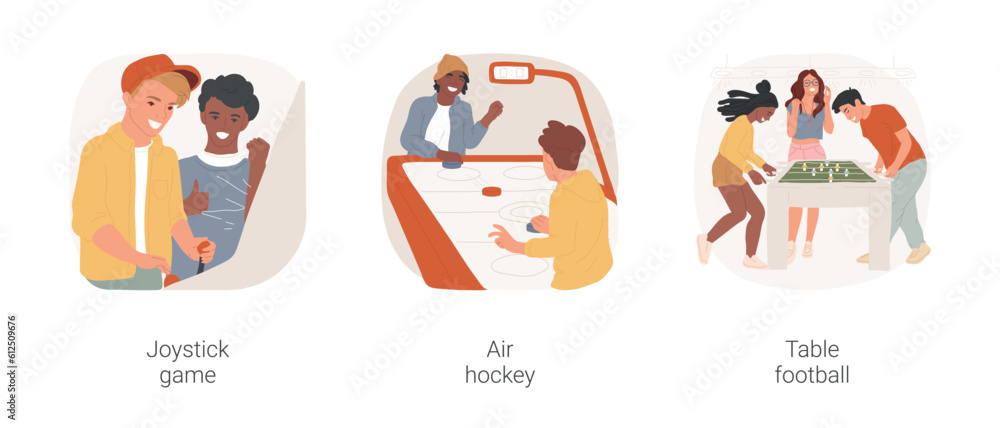 Fototapeta premium Arcades games isolated cartoon vector illustration set. Joystick retro game, diverse teenage friends play air hockey, table football, teens having fun at game club, leisure time vector cartoon.