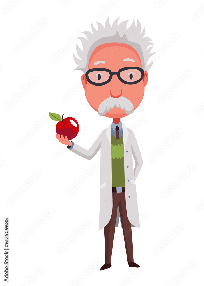 Old scientist holding apple. Funny moustached character wearing glasses and lab coat. Discovery in science.  illustration in cartoon style