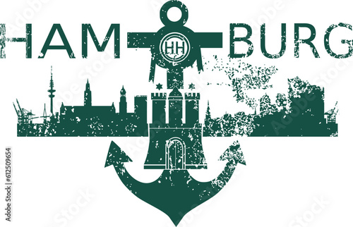 Hamburg Vektor Skyline und Wappen mit Anker - Grunge Textur