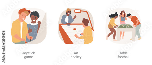 Arcades games isolated cartoon vector illustration set. Joystick retro game, diverse teenage friends play air hockey, table football, teens having fun at game club, leisure time vector cartoon.