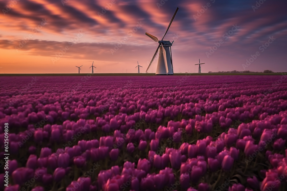 Wind turbines on a Traditional Netherlands Holland dutch scenery along a canal and tulips, Netherlands. AI Generative