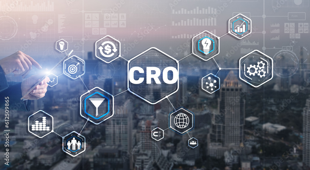 Conversion Rate Optimization. CRO Technology Finance concept Businessman pressing on a virtual screen Conversion Rate Optimization. CRO Technology Finance concept Businessman pressing on a virtual screen