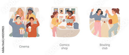 Teenagers outings isolated cartoon vector illustration set. Hanging out with friends at cinema, eating pop corn, diverse group of teens reading comics book, girls play bowling vector cartoon.