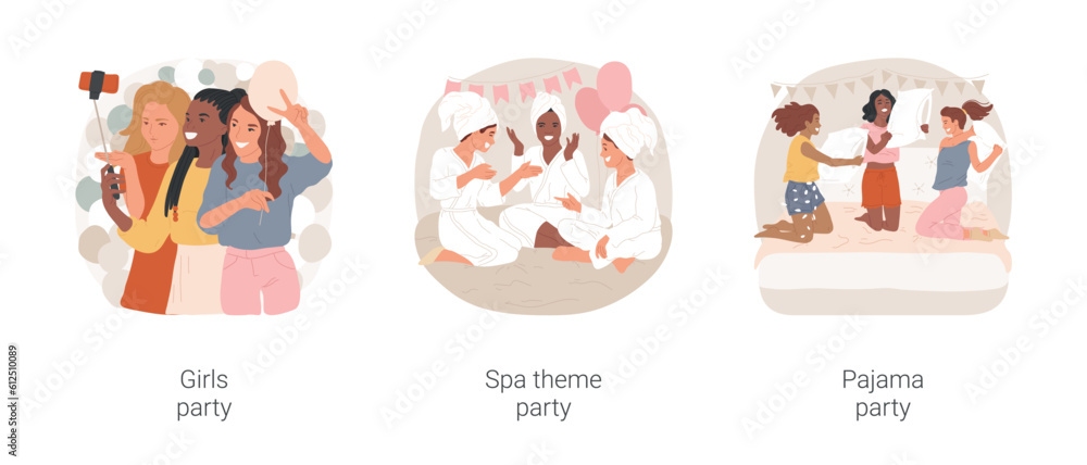 Ladies night isolated cartoon vector illustration set. Teenage girls making selfie, spa theme party, making cosmetic procedures, teens having fun in pajamas, pillow fight, celebrate vector cartoon. Ladies night isolated cartoon vector illustration set. Teenage girls making selfie, spa theme party, making cosmetic procedures, teens having fun in pajamas, pillow fight, celebrate vector cartoon.