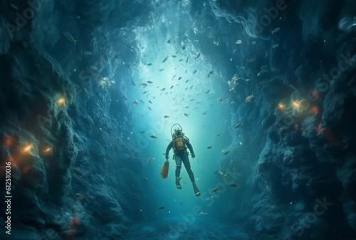 Foto Scuba deep sea diver swimming in a deep ocean cavern