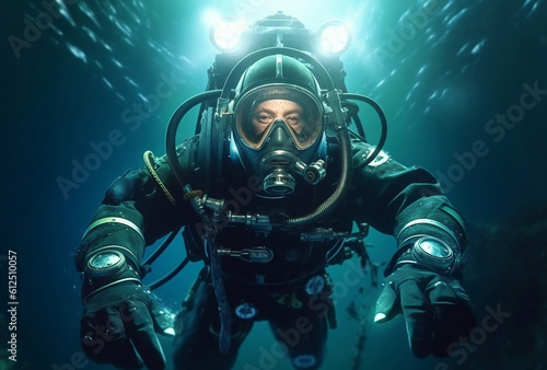 Scuba deep sea diver swimming in a deep ocean cavern . Underwater exploration. Into the abyss.