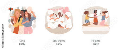 Ladies night isolated cartoon vector illustration set. Teenage girls making selfie, spa theme party, making cosmetic procedures, teens having fun in pajamas, pillow fight, celebrate vector cartoon.