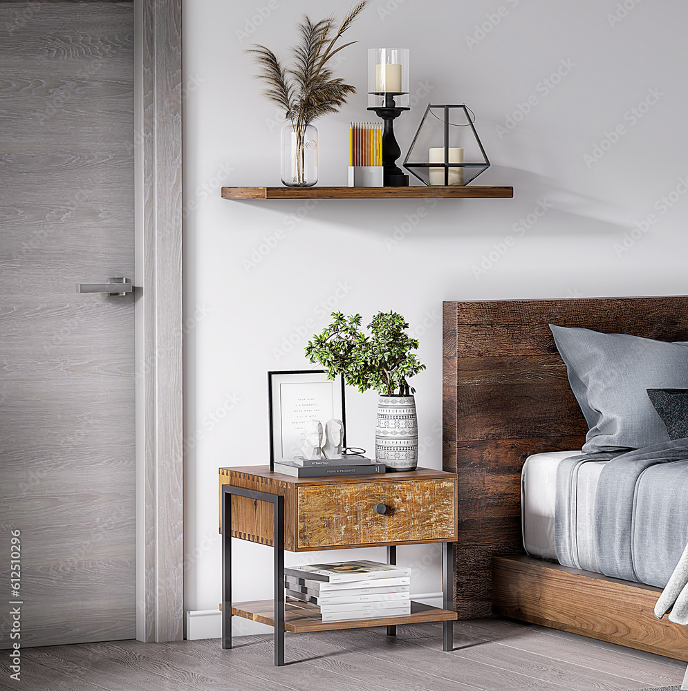 modern bed with side table with door and wooden floor, bed with bedside ...