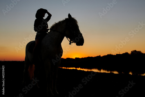 Silhouette of Cowboy  ride on Arabian horse stallion in colorful sunset.