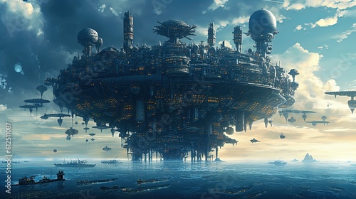  illustration sci-fi fantasy, big future building made of metal city, Generative Ai © QuietWord