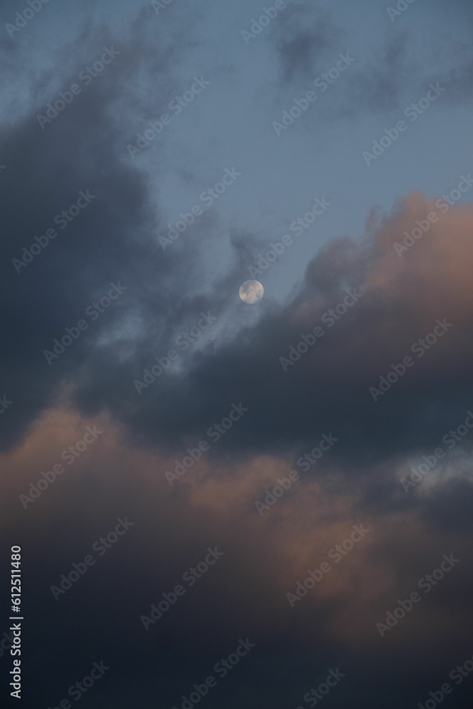 Dramatic gray cloudy sky at sunset, vertical shot