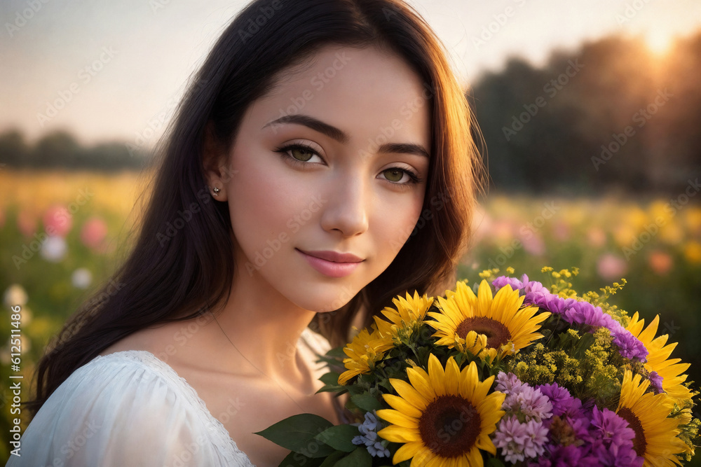 Portrait of a woman with bouquet of flowers in a garden. Generative AI. Portrait of a woman with bouquet of flowers in a garden. Generative AI.