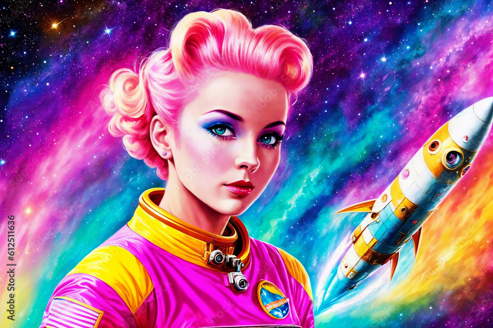 Fototapeta premium Portrait of a beautiful woman as an astronaut, space theme in the retro futurism style of the 60s. Generative AI.