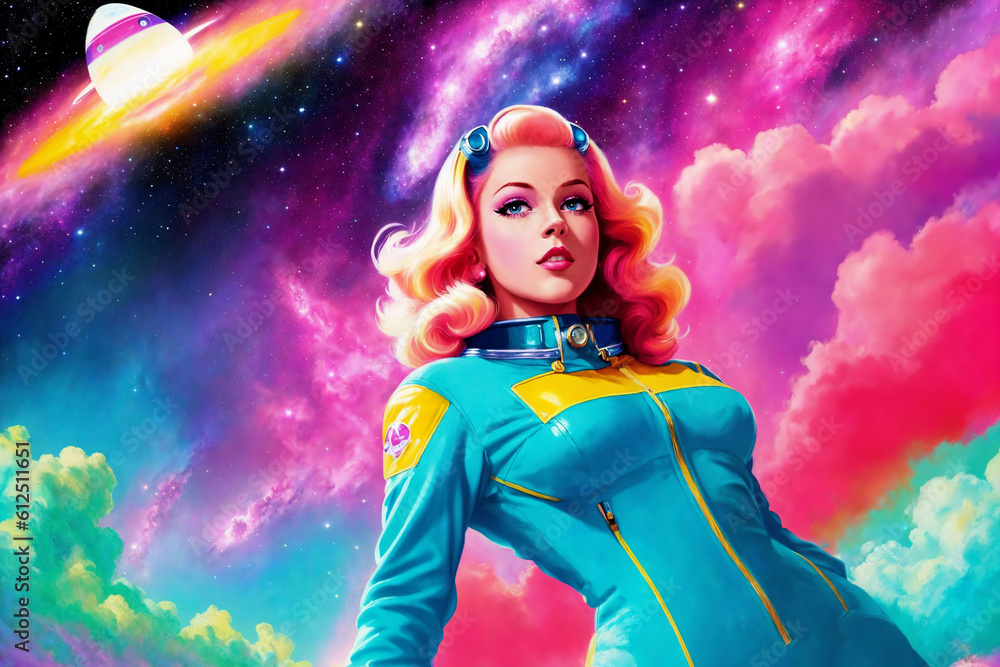 Portrait of a beautiful woman as an astronaut, space theme in the retro futurism style of the 60s. Generative AI.