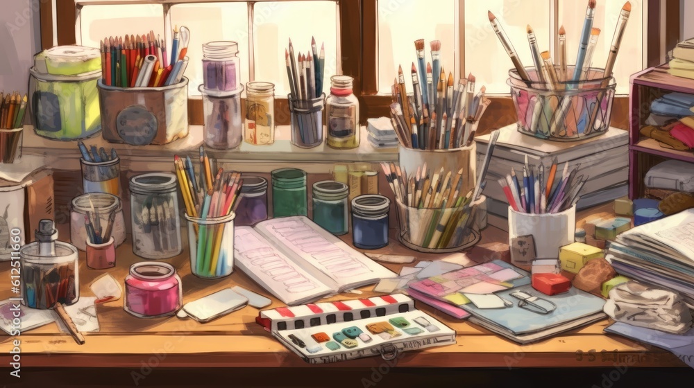Drawing tools are spread out on the table in watercolor style. AI generated