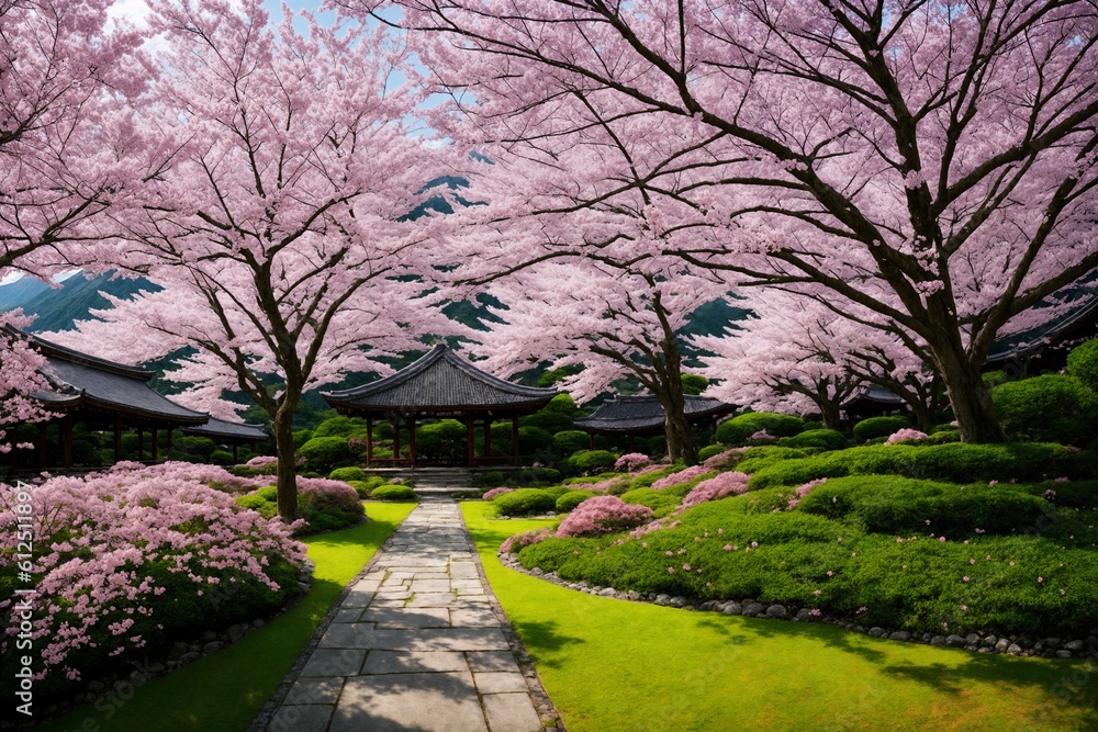 Sakura blossoms in japanese style ornamental garden, beautiful landscape. Generative AI. Sakura blossoms in japanese style ornamental garden, beautiful landscape. Generative AI.