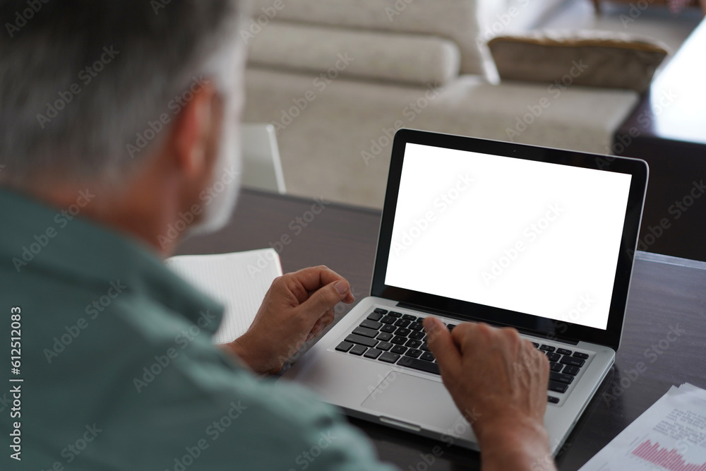 Handsome mature man in casual suit sitting at the table in home office and working at laptop Handsome mature man in casual suit sitting at the table in home office and working at laptop