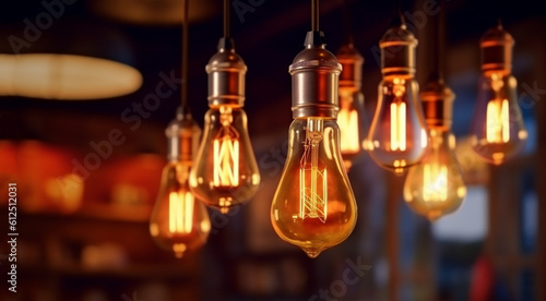 Classic retro lighting bulb in orange warm light shade during it glowing with blurred of other bulbs as bokeh background. Object for interior decoration, selective focus photo. Vintage Edison design