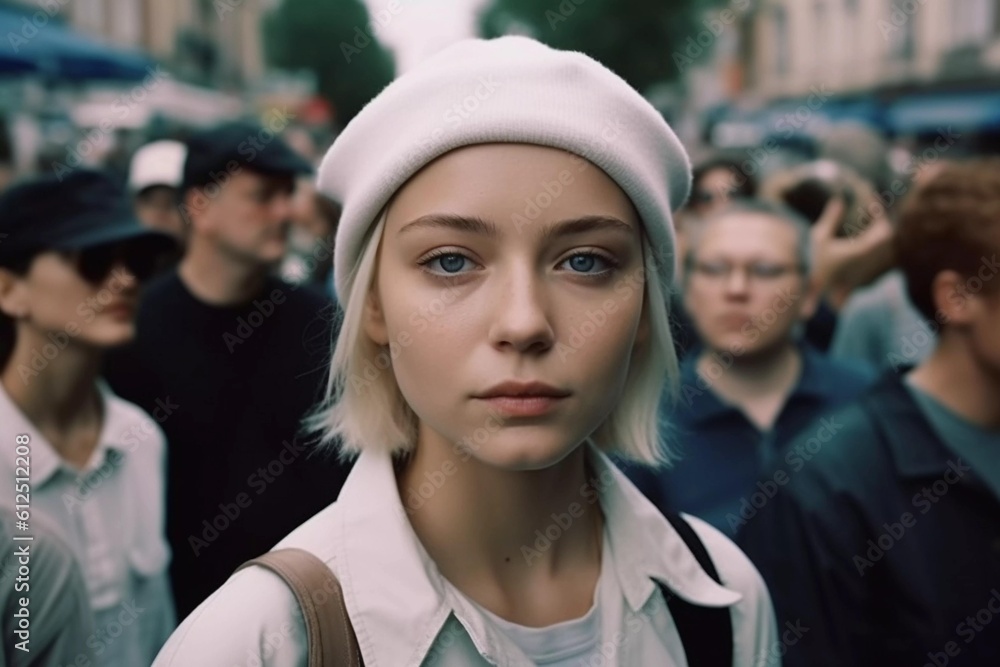 beautiful blonde in a white wool cap, spy villain aliens on watch, police usndercover, lurking in crowds, AI generated beautiful blonde in a white wool cap, spy villain aliens on watch, police usndercover, lurking in crowds, AI generated