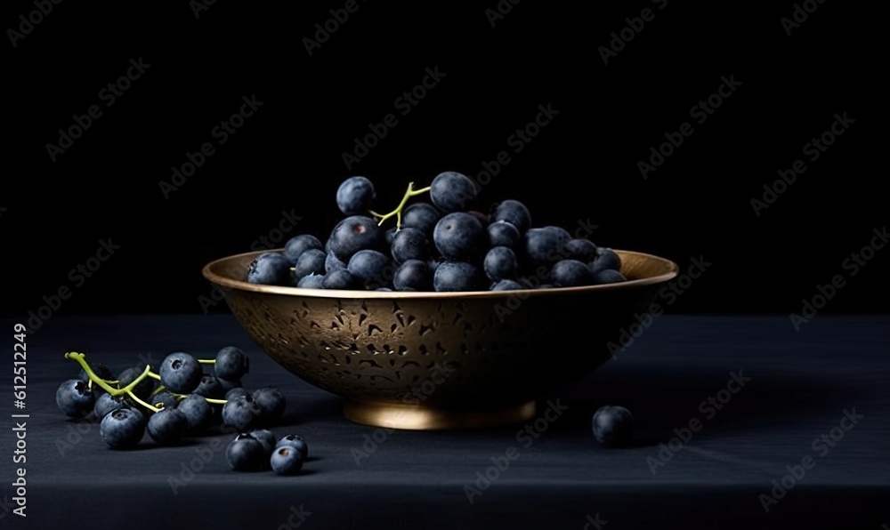 a bowl of blueberries and some blueberries on a black tablecloth with a few blueberries in the middle of the bowl and a few blueberries in the middle of the bowl. generative ai a bowl of blueberries and some blueberries on a black tablecloth with a few blueberries in the middle of the bowl and a few blueberries in the middle of the bowl. generative ai