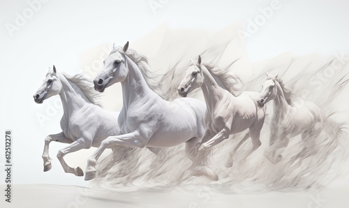  a group of white horses running in a line on a white background with a blurry background behind them and a white background behind them. generative ai