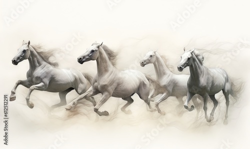  a group of horses running in a line on a foggy day with a white background and a black and white photo of the horses.  generative ai