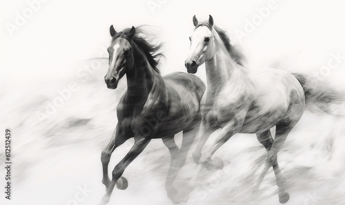  a couple of horses running across a snow covered field in the wild, in black and white, with a blurry background behind them. generative ai